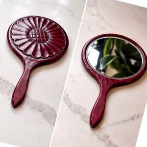 Antique‎ Japanese Kamakurabori Wood Carving Hand Mirror Lacquer Cinnabar Flower